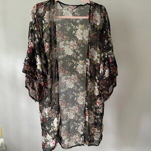 Boho Long Festival Kimono Floral Ruffle Sheer Artsy in One Size OS